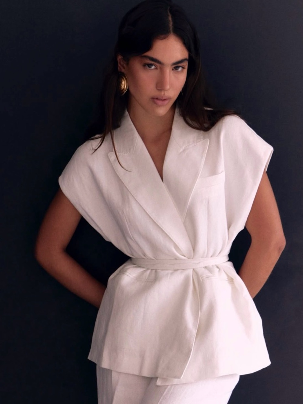 Zara White Sleeveless Tie-Waist Blazer Vest